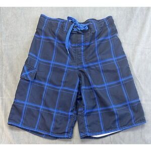 OP Ocean Pacific Swim Shorts Mens Small Nylon Trunks Lined Blue Black Plaid